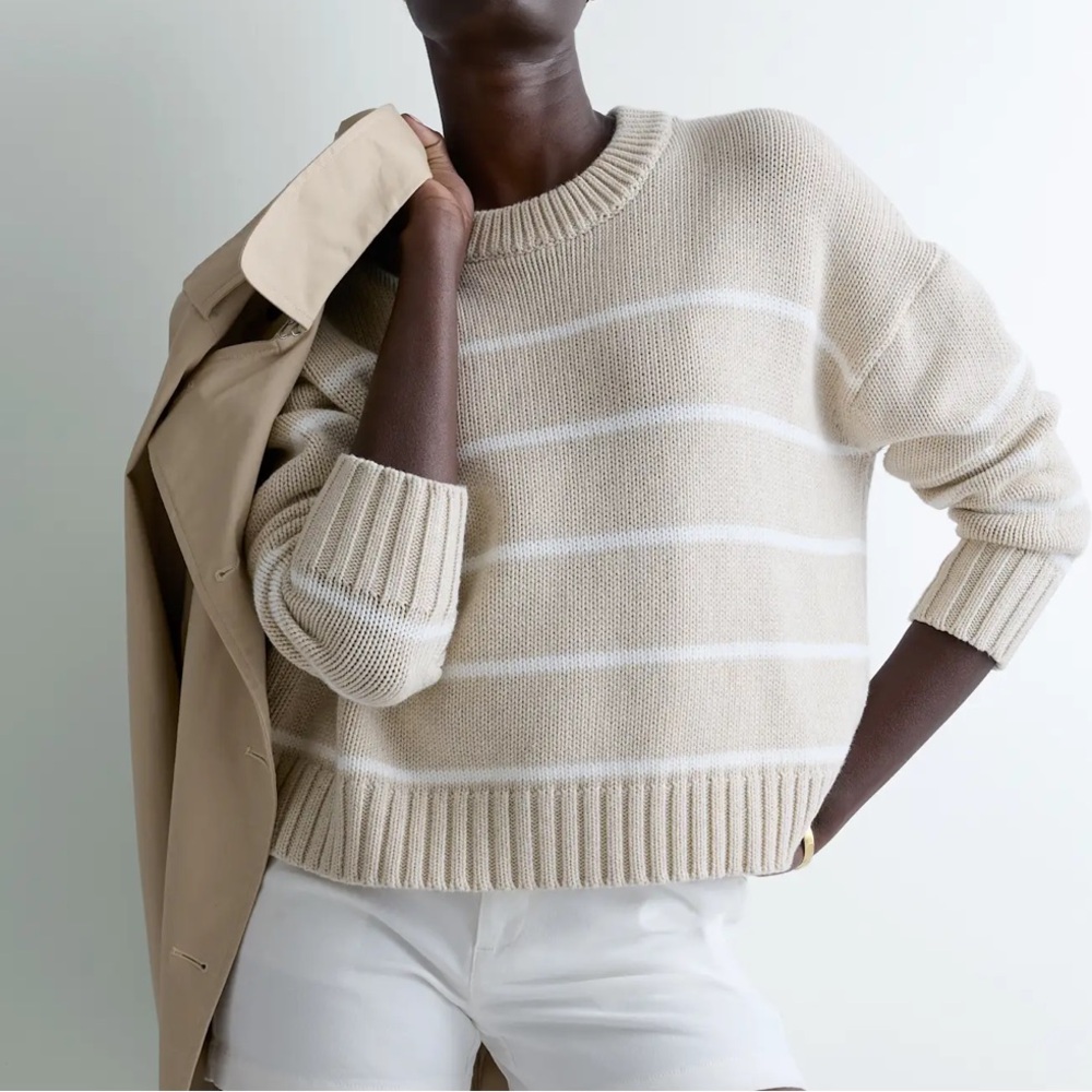 Quince 100% Organic Cotton Striped Crew Sweater - Speckled Beige/Ivory XS